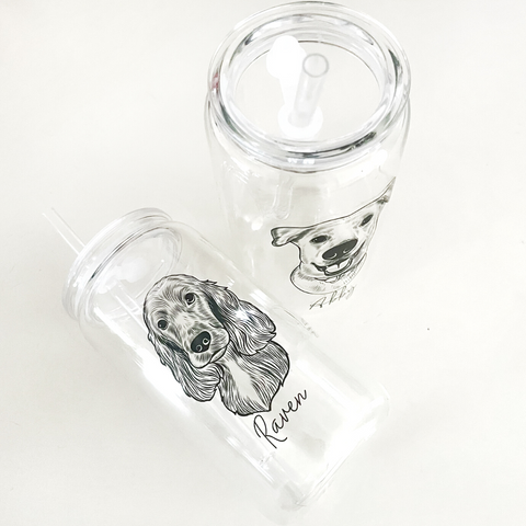 Pet Portrait Glass Tumbler with Acrylic Lid + Straw